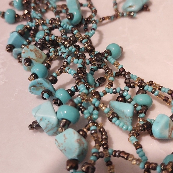Multi Strand Handmade Turquoise and Bronze Beaded Necklace - Picture 2 of 12